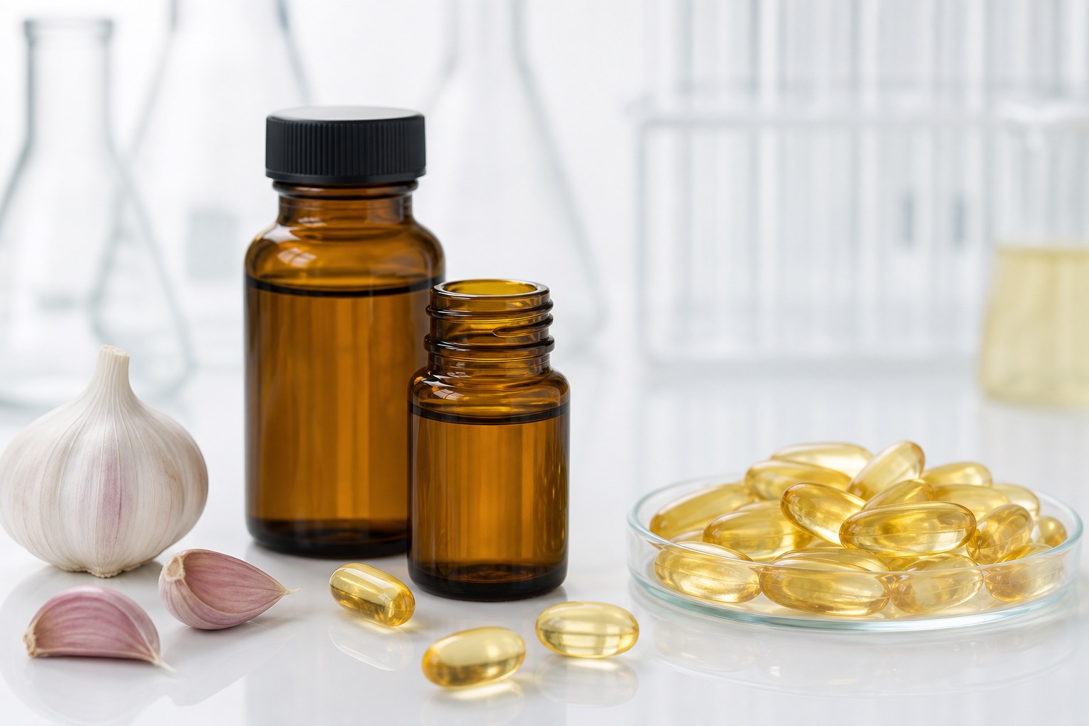 Garlic oil capsules and bottles