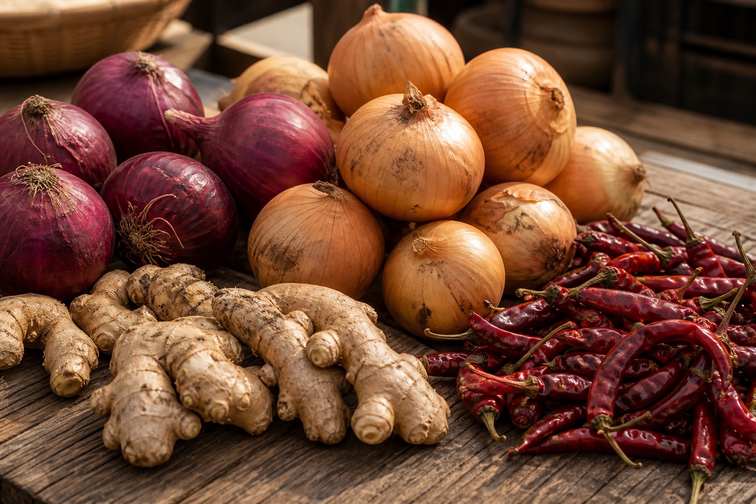 Onions, chili, and ginger assortment